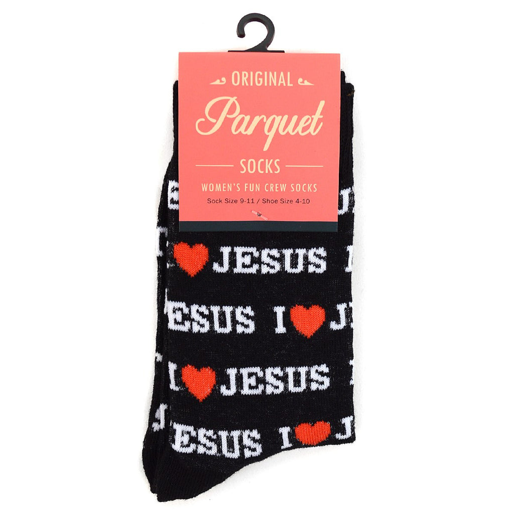 Parquet Women's Novelty Fun Crew Socks for Dress or Casual (I Love Jesus - Black)