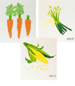 Swedish Treasures Wet-it! Dishcloth & Cleaning Cloth - 3 pack: Carrots, Onions & Corn