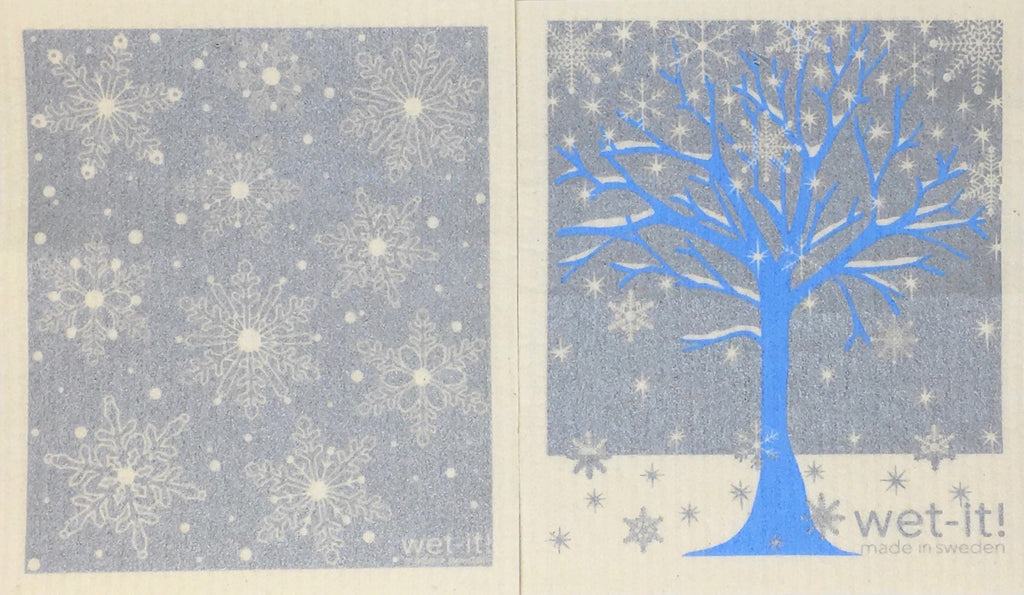 Swedish Treasures Wet-it! Dishcloth & Cleaning Cloth - 2 pack - Winter Snow Silver / Winter Tree Blue