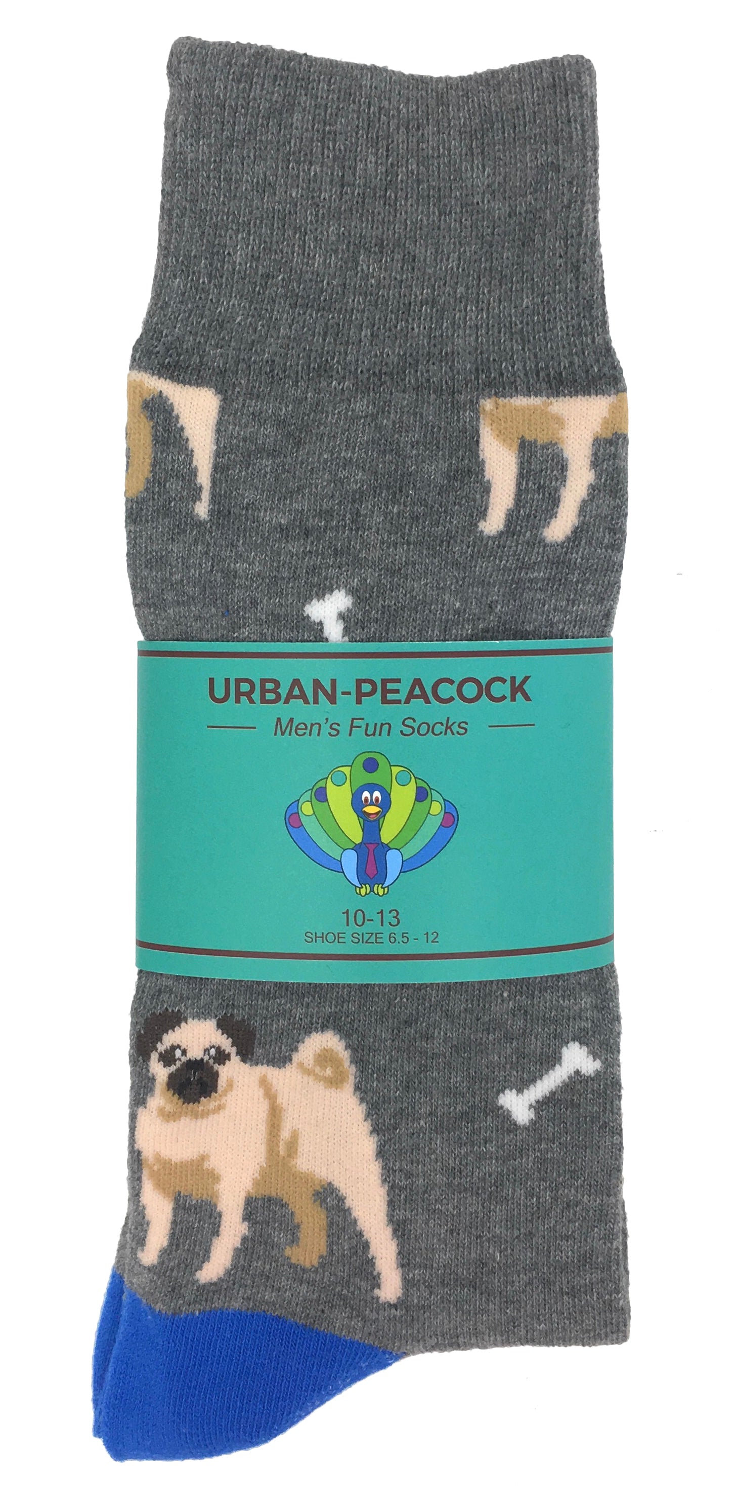 Men's Novelty Crew Socks - Dogs -Pugs, Grey