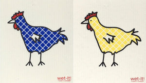 Swedish Treasures Wet-it! Dishcloth & Cleaning Cloth - 2 pack - Chickens - Blue Plaid & Yellow Plaid