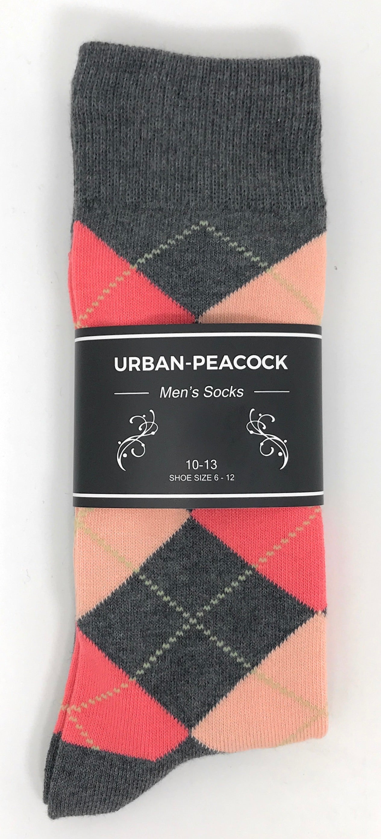 Black Label Men's Dress Socks - Argyle in Charcoal Gray, Bellini Peach Urban-Peacock Black Label Men's Dress Socks - Argyle in Charcoal Gray, Bellini Peach Urban-Peacock