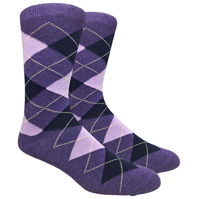 Black Label Men's Dress Socks - Argyle in Purples With Navy & Yellow Urban-Peacock Black Label Men's Dress Socks - Argyle in Purples With Navy & Yellow Urban-Peacock