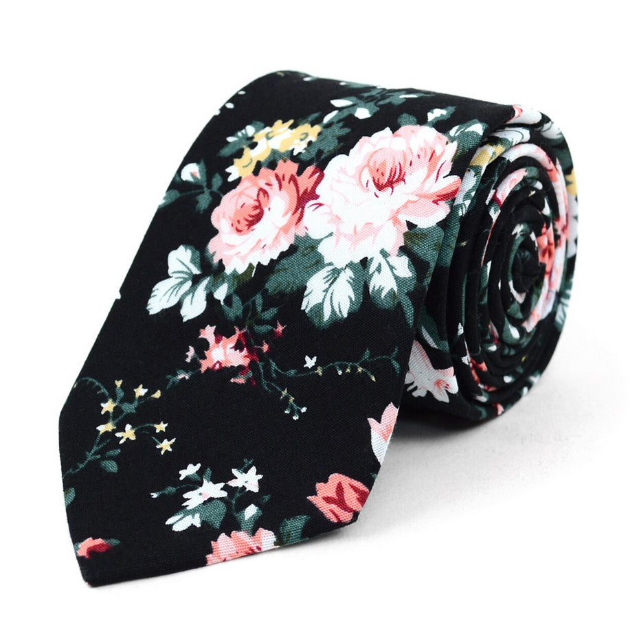 Men's Fashion Wedding Floral Slim Necktie - Black - Large Print