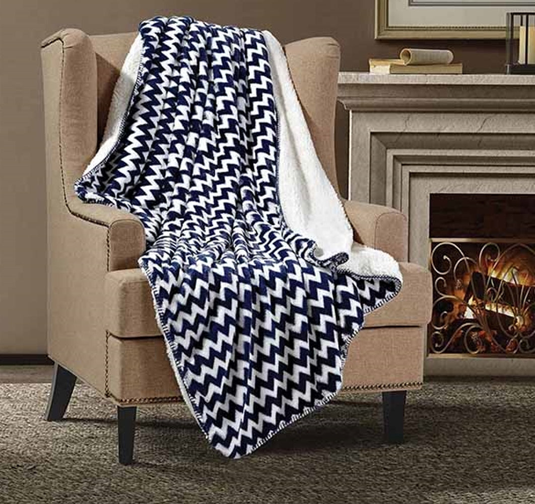 Regal Comfort Faux Fur Luxury Sherpa Throw Blanket in Blue Chevron