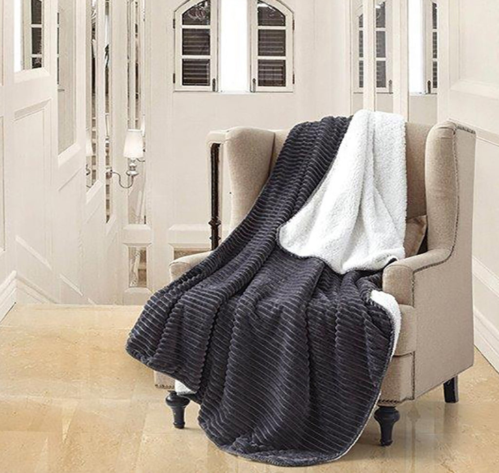 Regal Comfort Faux Fur Luxury Sherpa Throw Blanket in Charcoal Pin Stripe