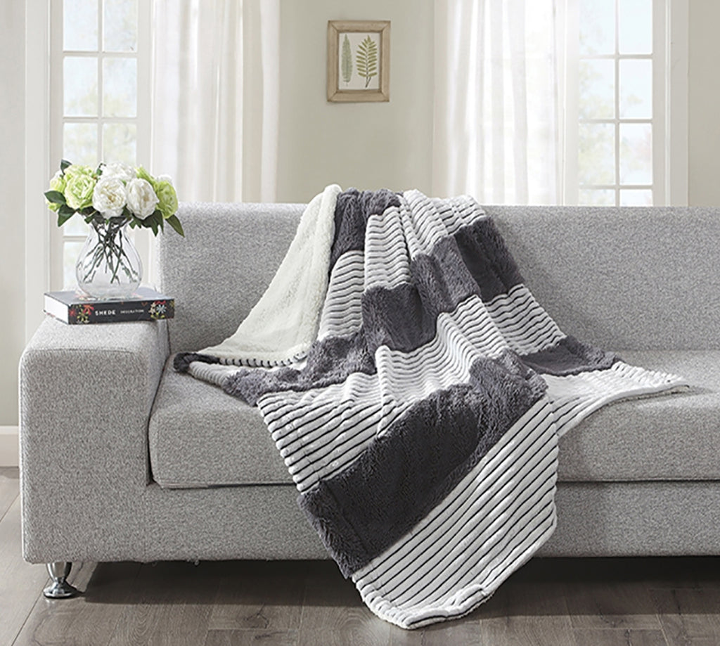 Regal Comfort Faux Fur Luxury Sherpa Throw Blanket in Charcoal Stripe Cutwork