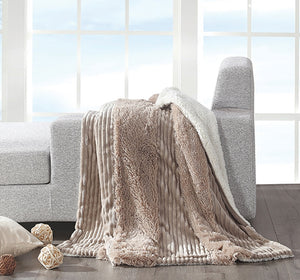 Regal Comfort Faux Fur Luxury Sherpa Throw Blanket in Mocha Striped Cutwork