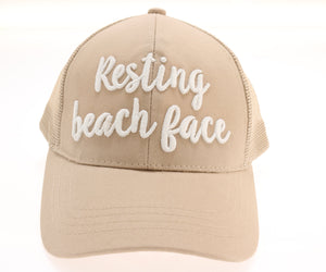 CC Ball Cap - Resting Beach Face Embroidered High Ponytail