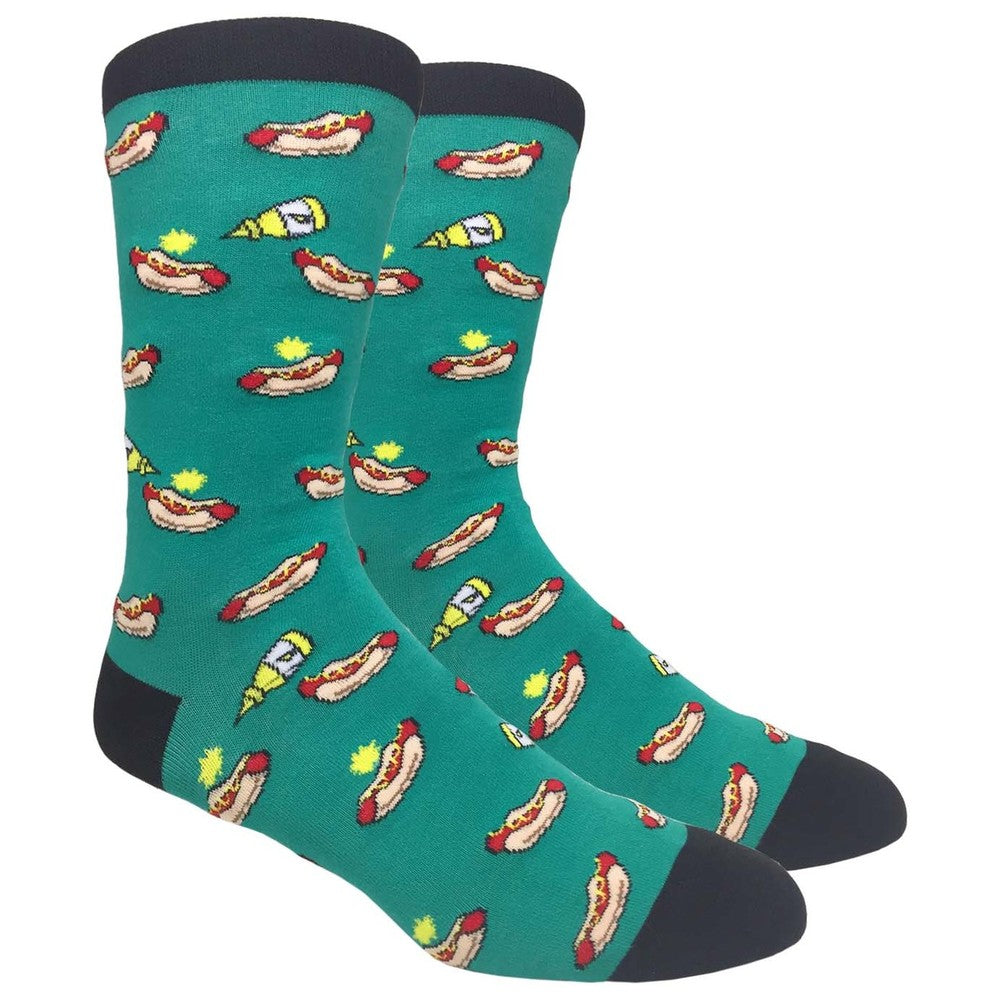 Men's Novelty Crew Socks - Hot Dogs & Mustard - Green