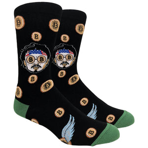 Men's Novelty Fun Crew Socks for Dress Casual - Bitcoin Man - Black with Green