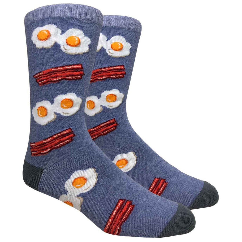 Men's Novelty Crew Socks - Bacon & Eggs Breakfast - Blue & Grey