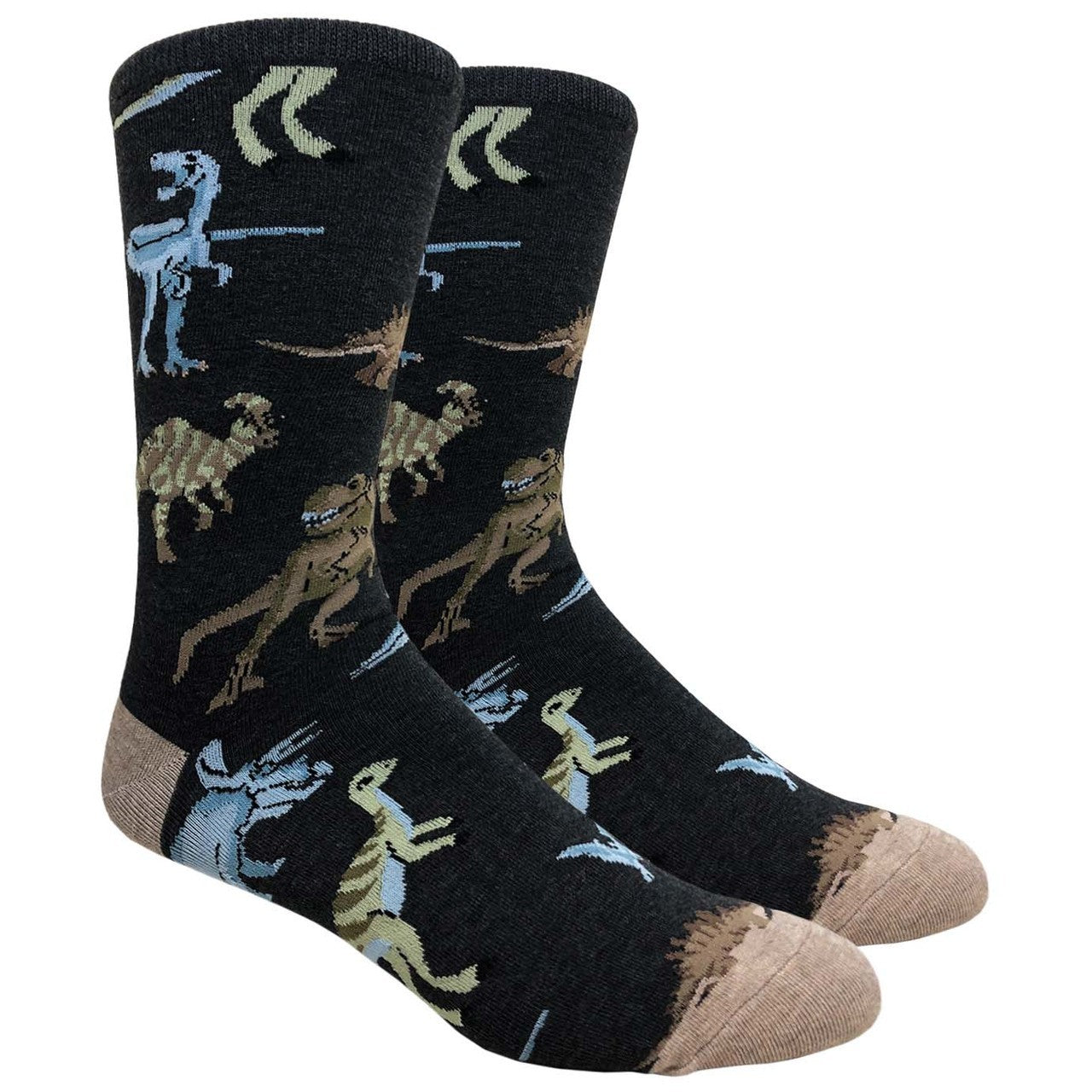 Men's Novelty Crew Socks - Dinosaurs - Dark Charcoal & Beige Toe