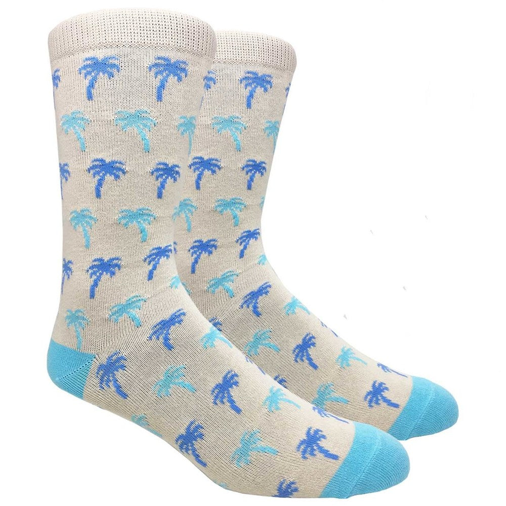 Black Label Men's Dress Socks - Ivory / Beige with Blue Palm Trees