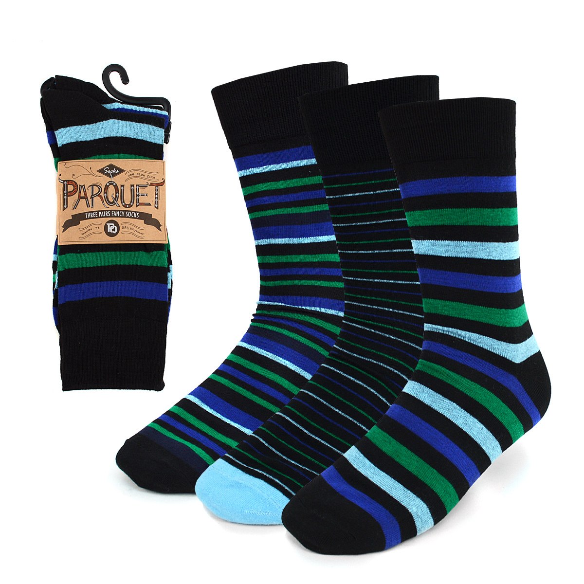 Parquet Men's Fancy, Dress, Casual and Crew Fun Socks - 3 Pair Bundle (Stripes - Black, Blues & Greens)