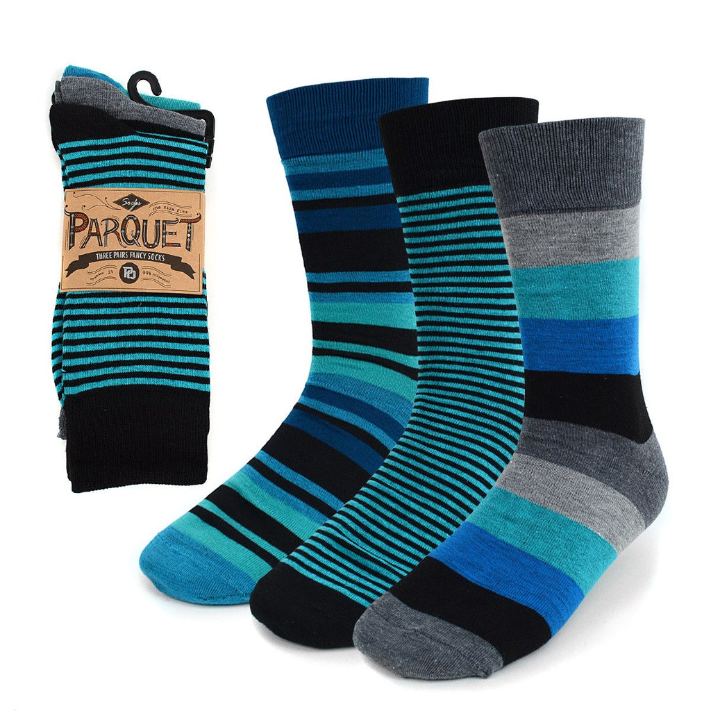 Parquet Men's Fancy, Dress, Casual and Crew Fun Socks - 3 Pair Bundle in Stripes - Greens & Blues