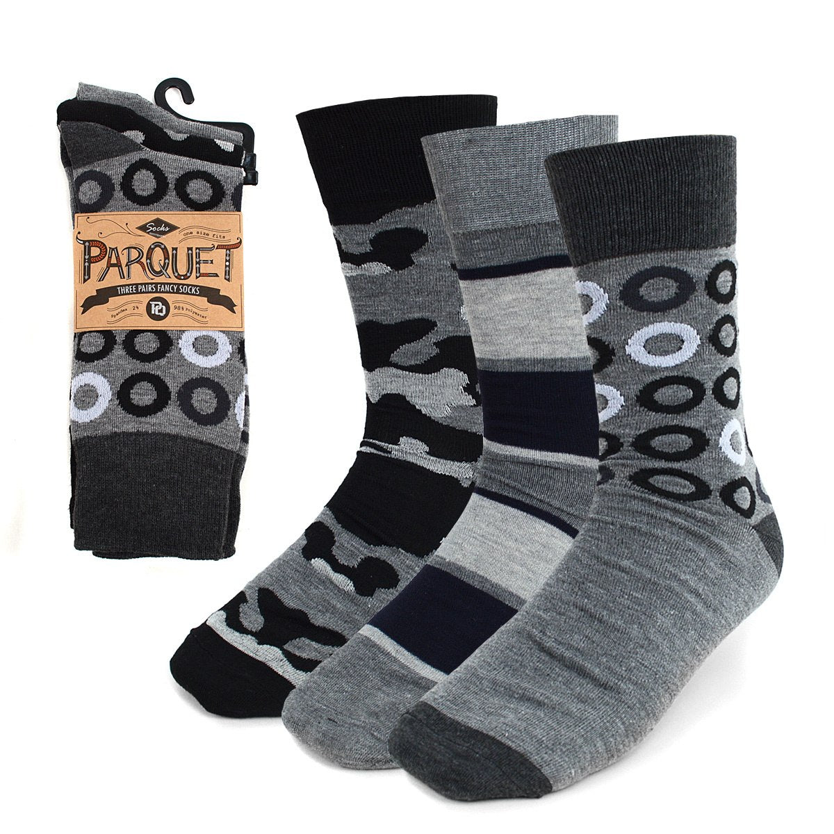 Parquet Men's Fancy, Dress, Casual and Crew Fun Socks - 3 Pair Bundle in Abstract Greys
