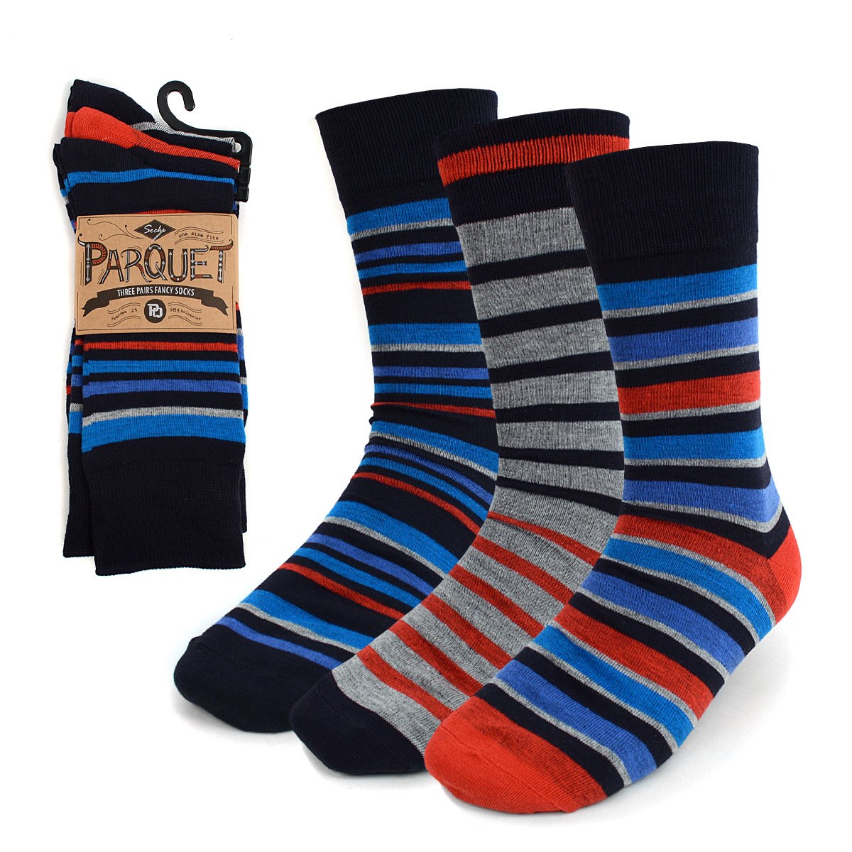 Parquet Men's Fancy, Dress, Casual and Crew Fun Socks - 3 Pair Bundle (Stripes - Navy, Red, Blue and Grey)