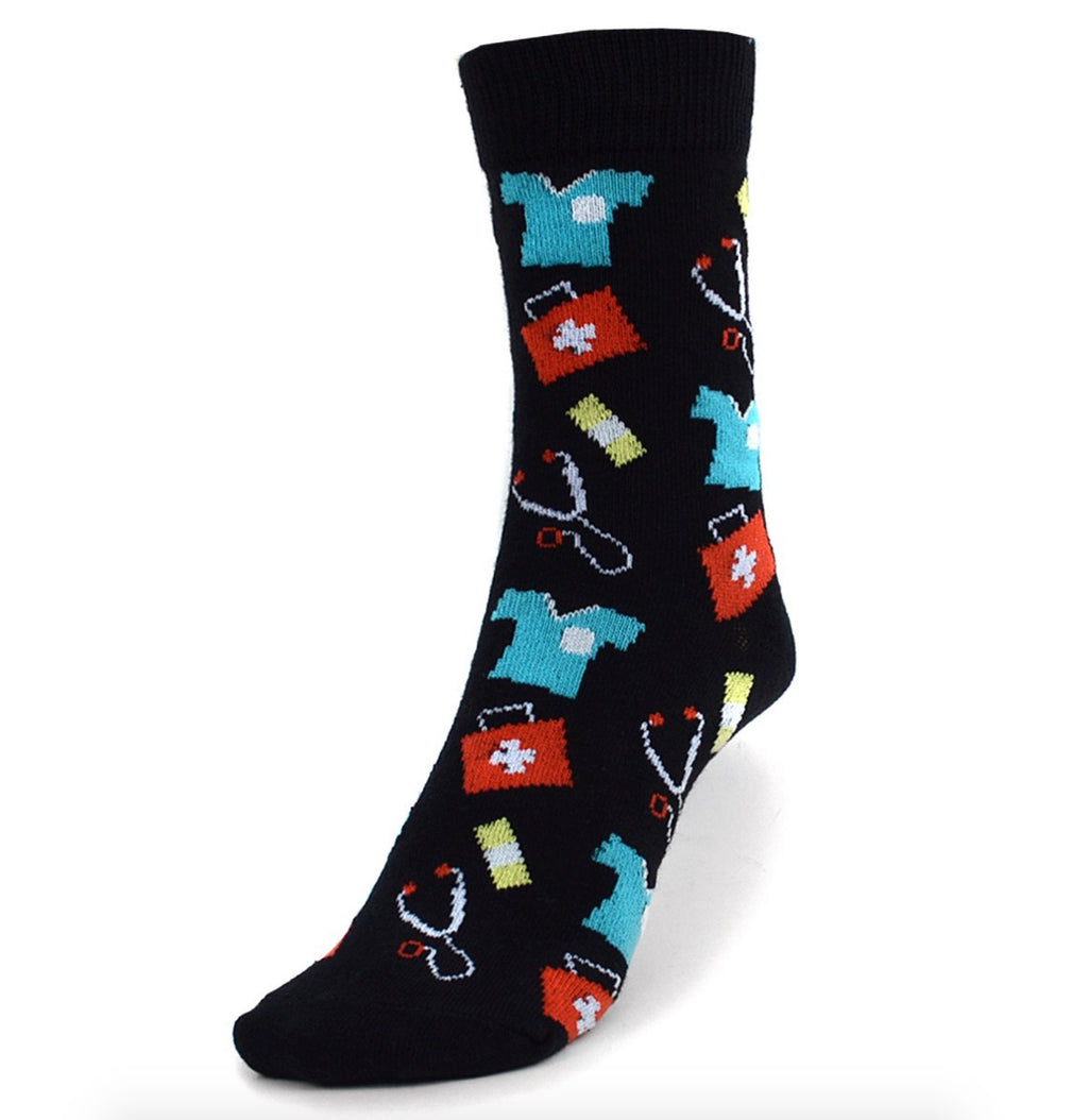 Parquet Women's Novelty Fun Crew Socks for Dress or Casual (Doctor/Nurse - Black)