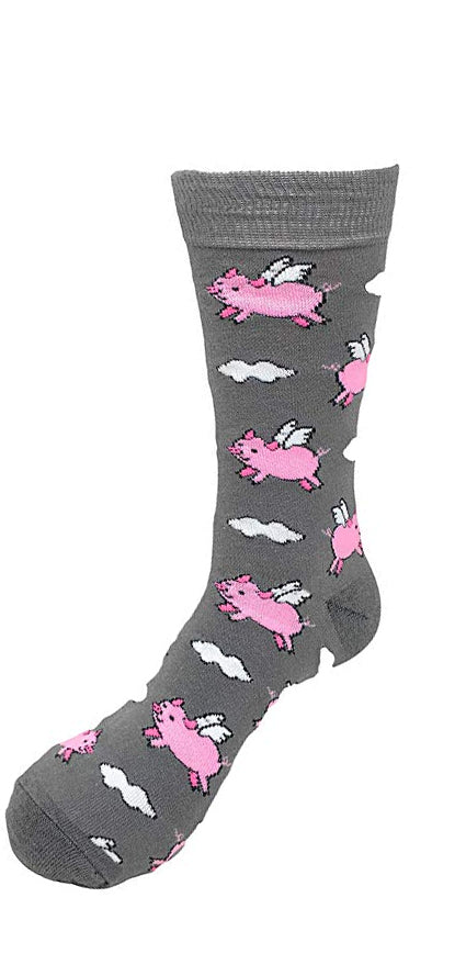 Men's Novelty Crew Socks - Flying Pigs - Grey