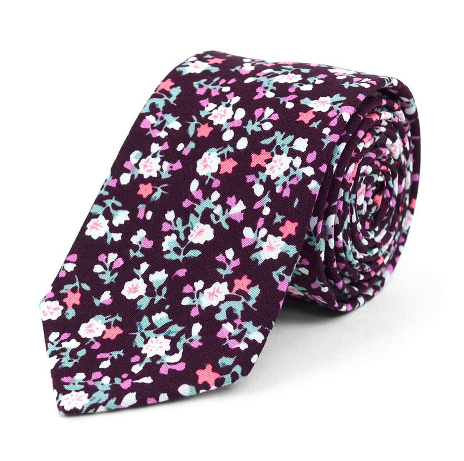 Men's Fashion Wedding Floral Slim Necktie - Plum - Small Print