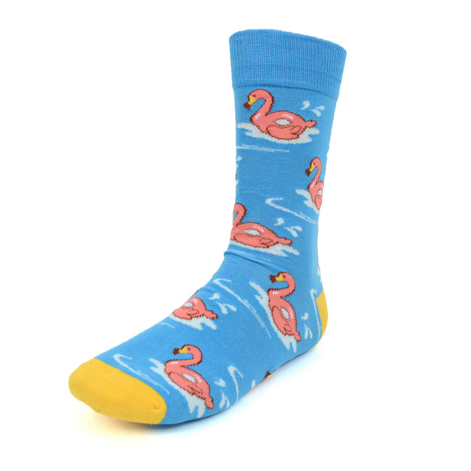 Men's Novelty Crew Socks - Flamingos - Blue & Yellow