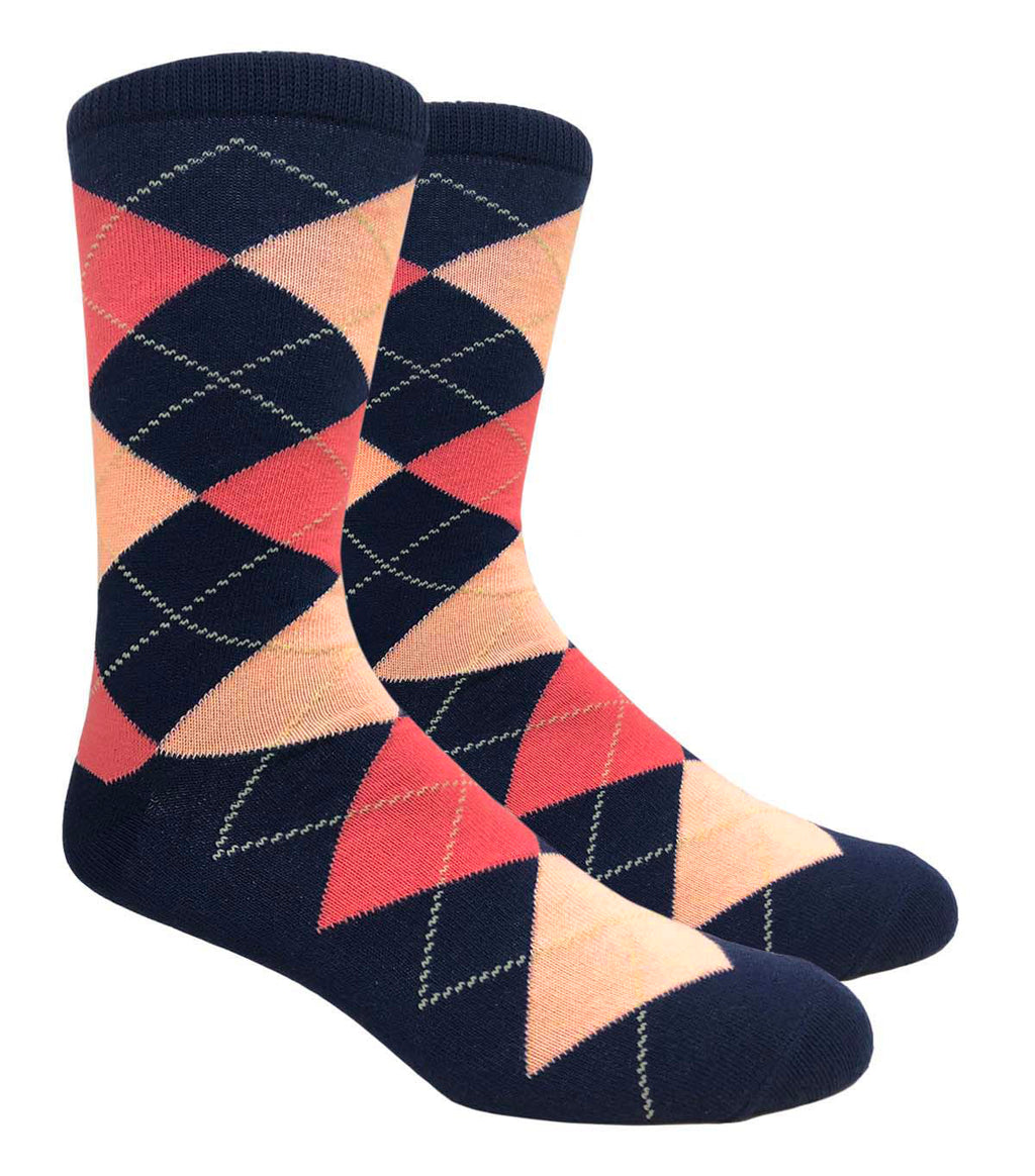Black Label Men's Dress Socks - Argyle - Navy, Bellini Peach & Coral