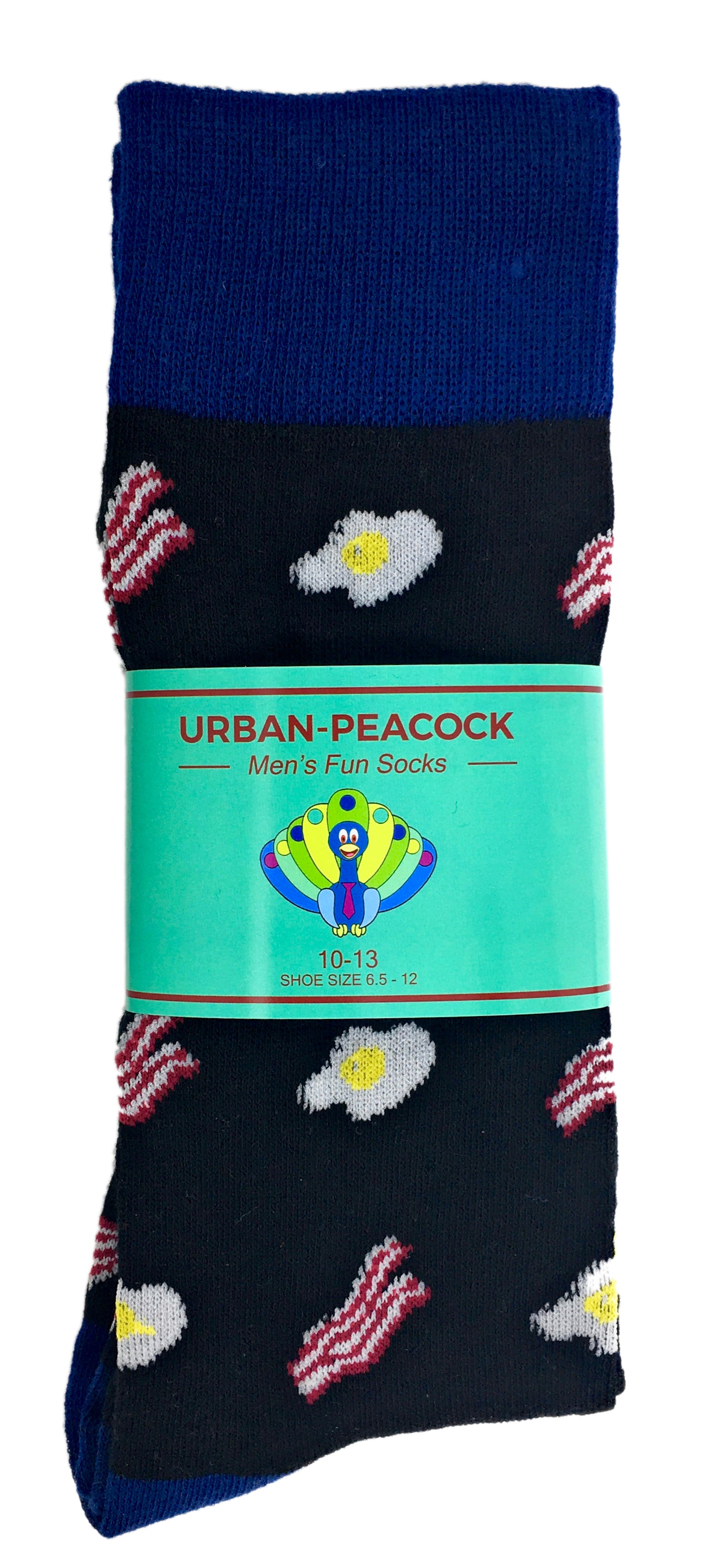 Urban-Peacock Men's Novelty Crew Socks - Bacon & Eggs - Black with Navy