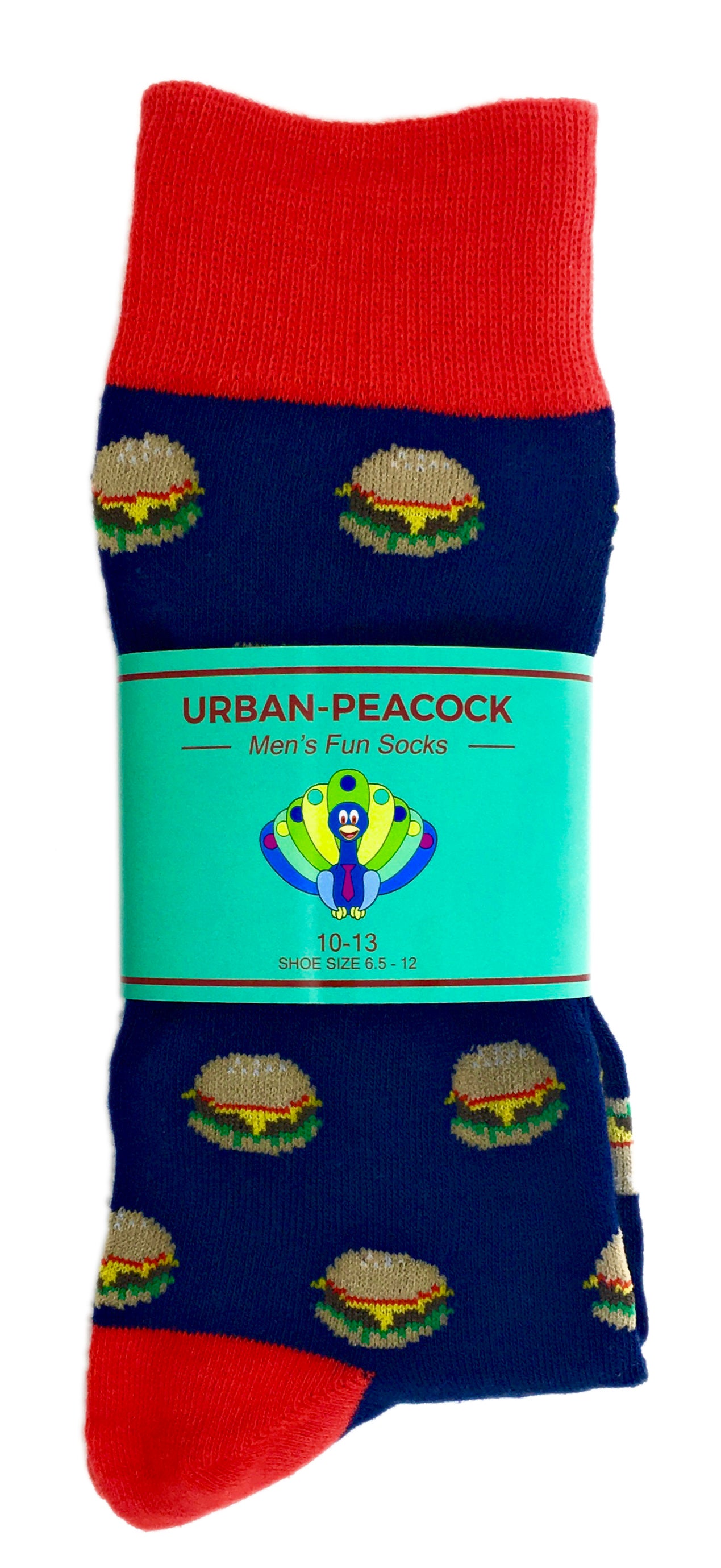 Men's Novelty Crew Socks - Cheeseburgers - Navy With Red