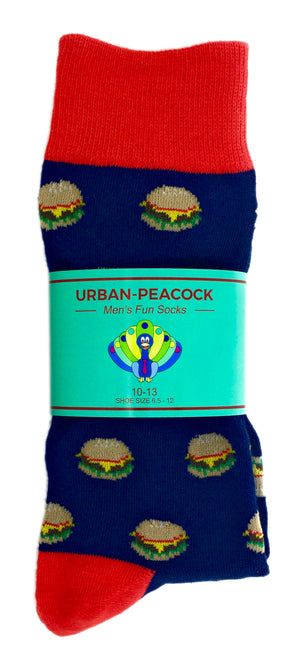 Men's Novelty Crew Socks - Cheeseburgers - Navy With Red