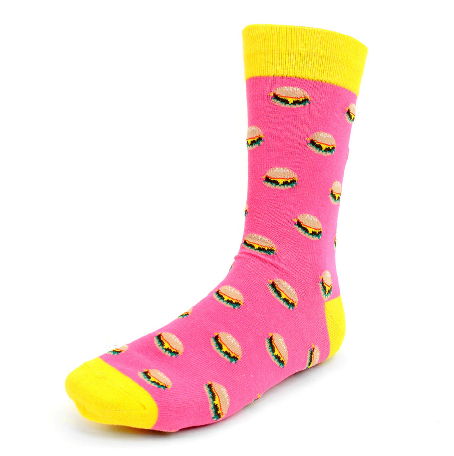 Men's Novelty Crew Socks - Cheeseburgers - Pink with Yellow